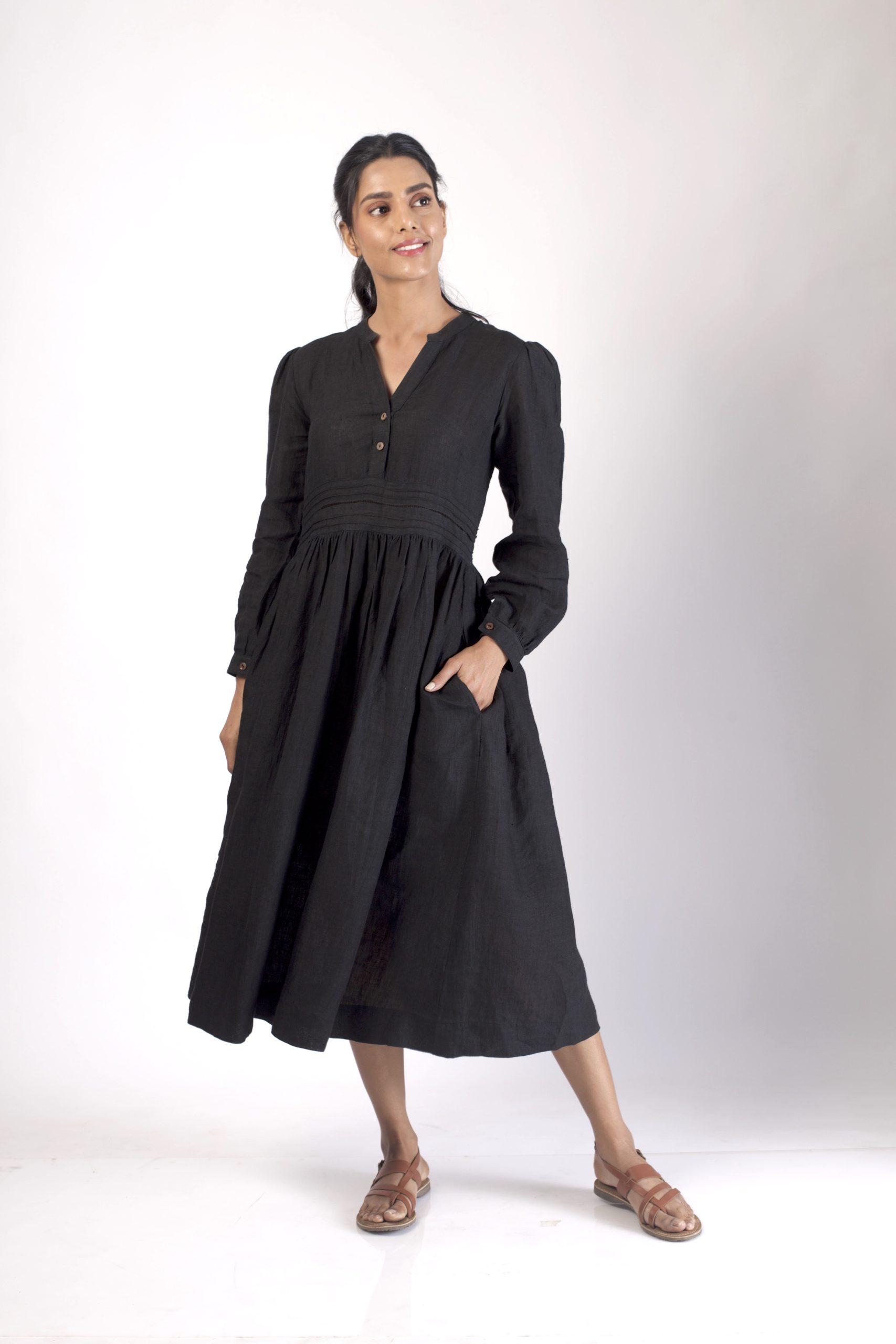 Black Linen Midi Dress – Ambrosia-india